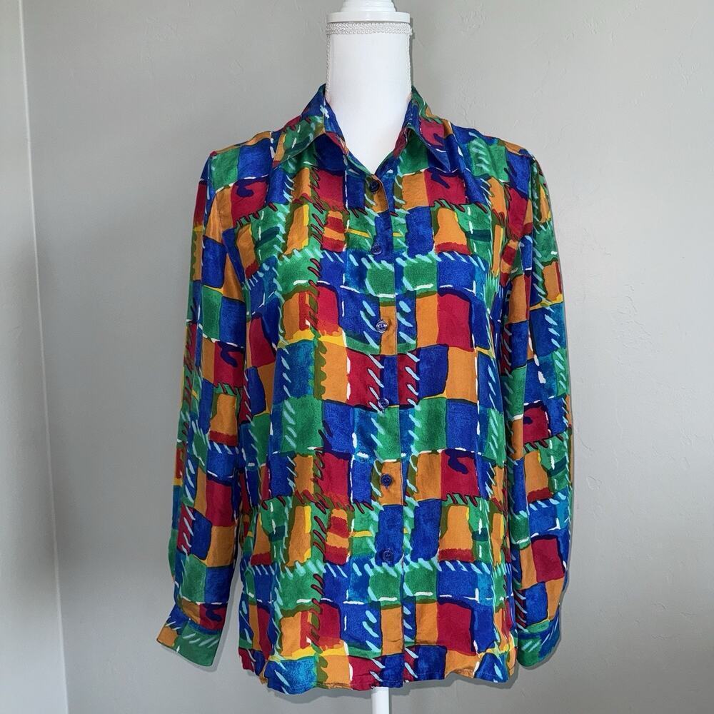 Vintage 100% Silk Blouse Colorful Abstract Geometric Print Button Down Sz M LS